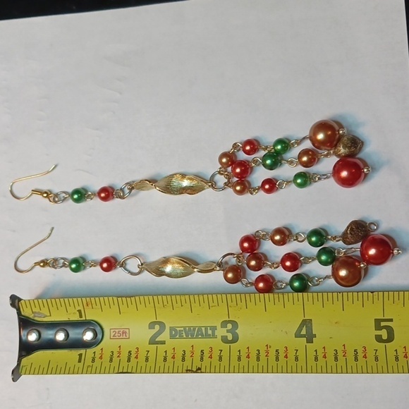 Artist handmade long dangly beads gold green copper pierced earrings 5" - Picture 2 of 7